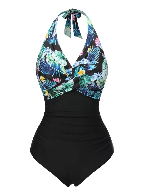 1930s Tropical Plants Lace-Up Halter Swimsuit