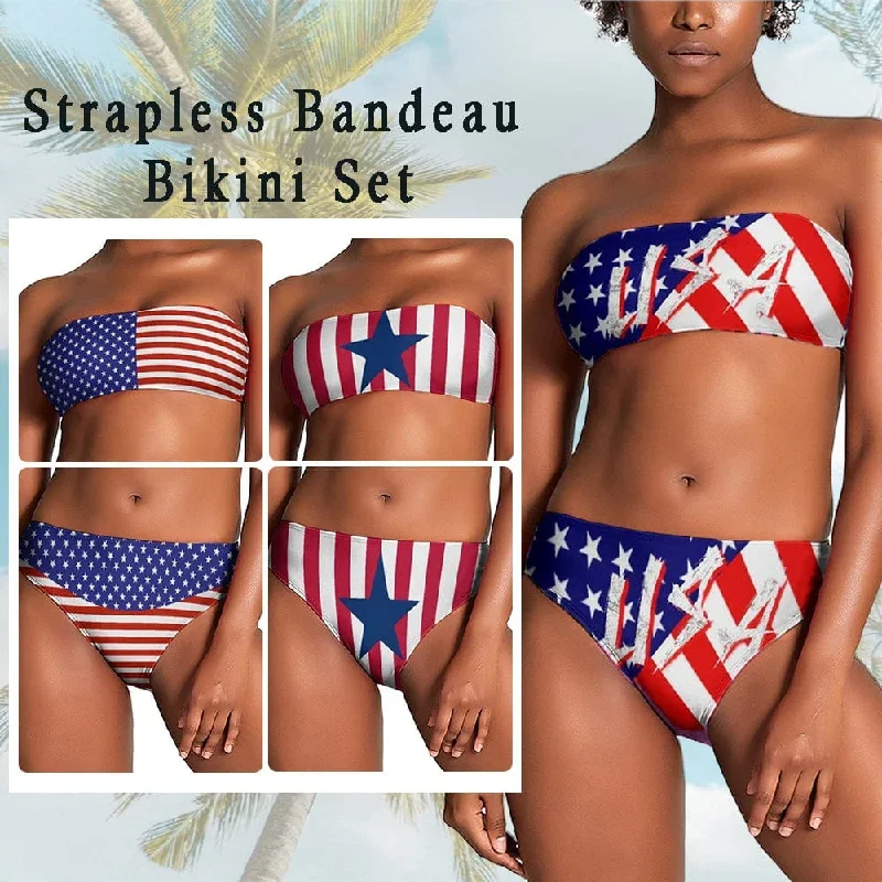 American Flag Bikini Strapless Bandeau Top Cheeky Bathing Suit Women's Two Piece Swimsuit Beach Outfits