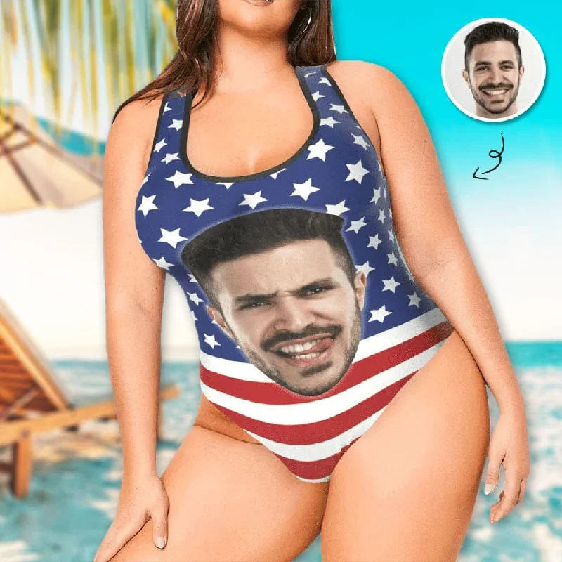 Best Plus Size Swimsuit#American Flag Maternity Bathingsuit #Independence Day#Custom Husband Face American Flag Swimsuit Personalized Tank Top One Piece Bathing Suit Celebrate Holiday Party