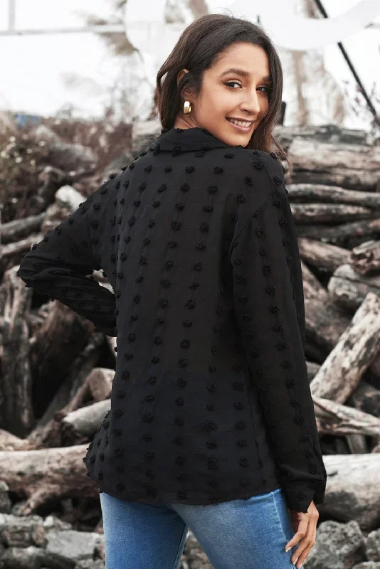 black-long-sleeve-button-fuzzy-polka-dot-shirt