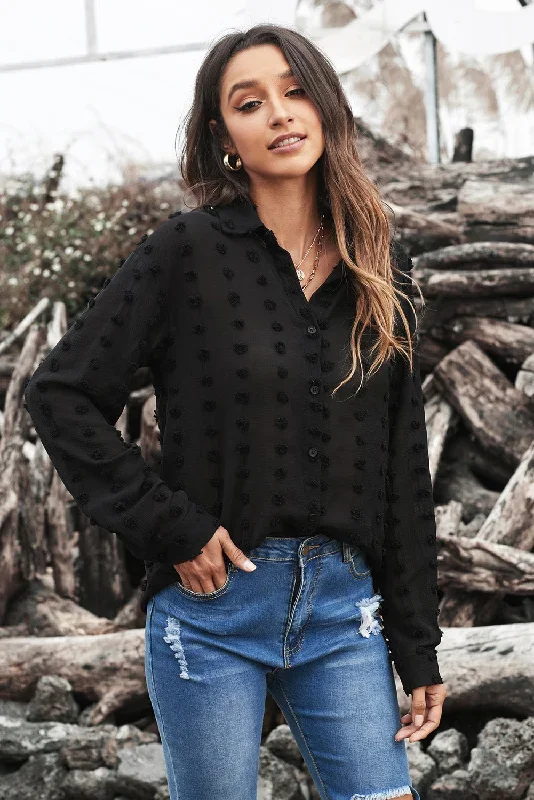 black-long-sleeve-button-fuzzy-polka-dot-shirt