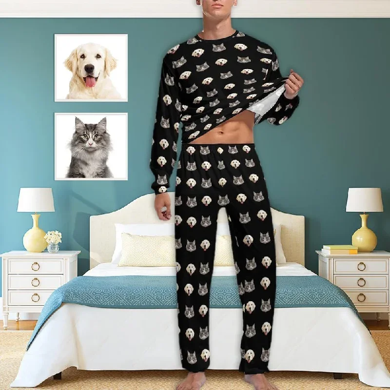 Black Pajamas Custom Pets Face Men's All Over Print Pajama Set Personalized Photo Loungewear for Him