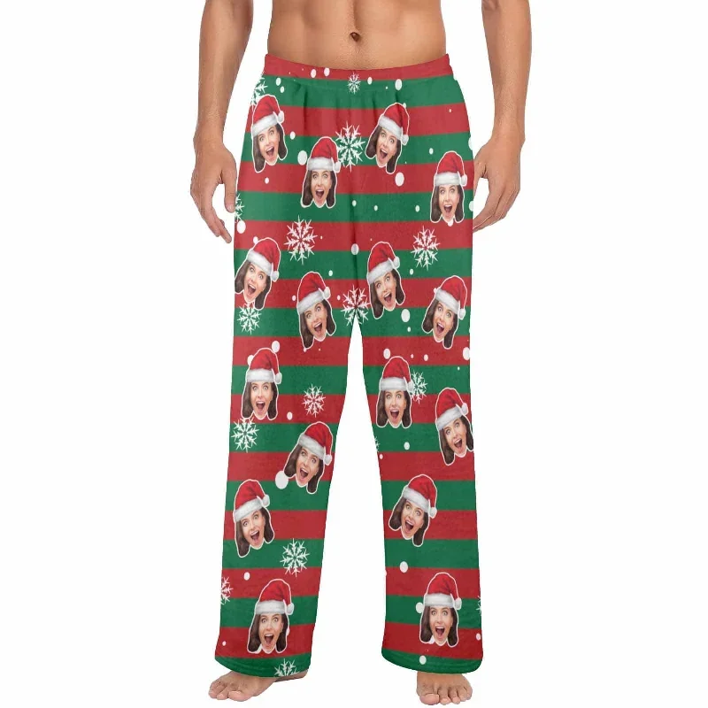 coral-fleece-pajama-trousers-custom-face-red-and-green-christmas-snowflake-warm-and-comfortable-sleepwear-long-pajama-pants-for-men-women