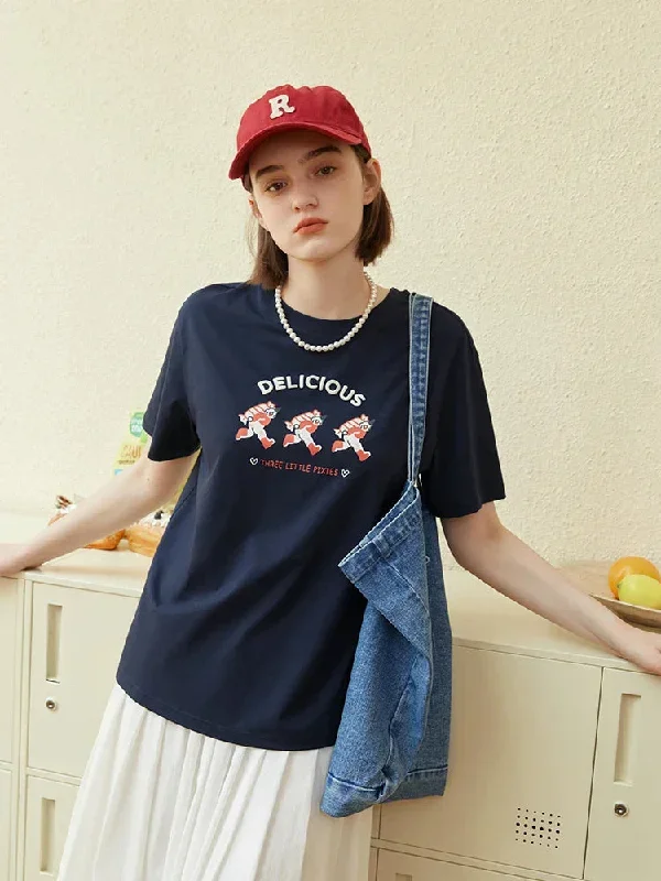 FashionSierra - Navy Blue Loose Candy Elf Print Summer Short Sleeves Dropped Sleeve 73.6% Cotton Women's T-shirt