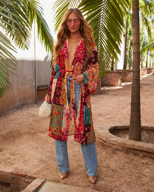 Dominica Pleated Floral Tie Waist Kimono