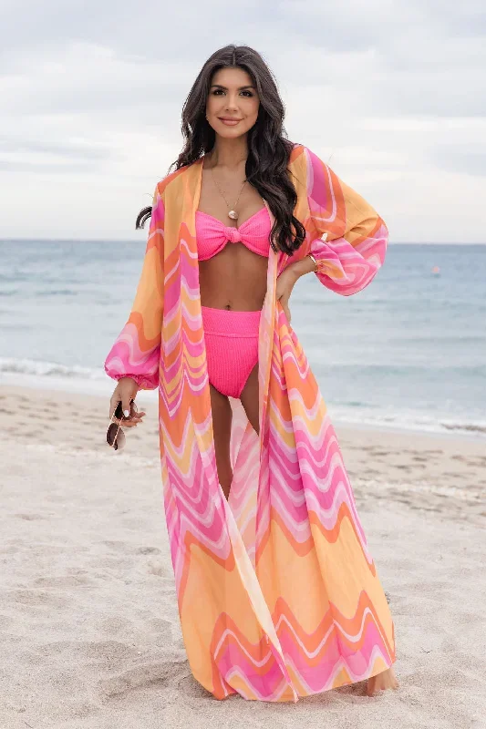 Eyes On Paradise in Serenity Swirl Pink and Orange Swirl Belted Kimono Cover Up