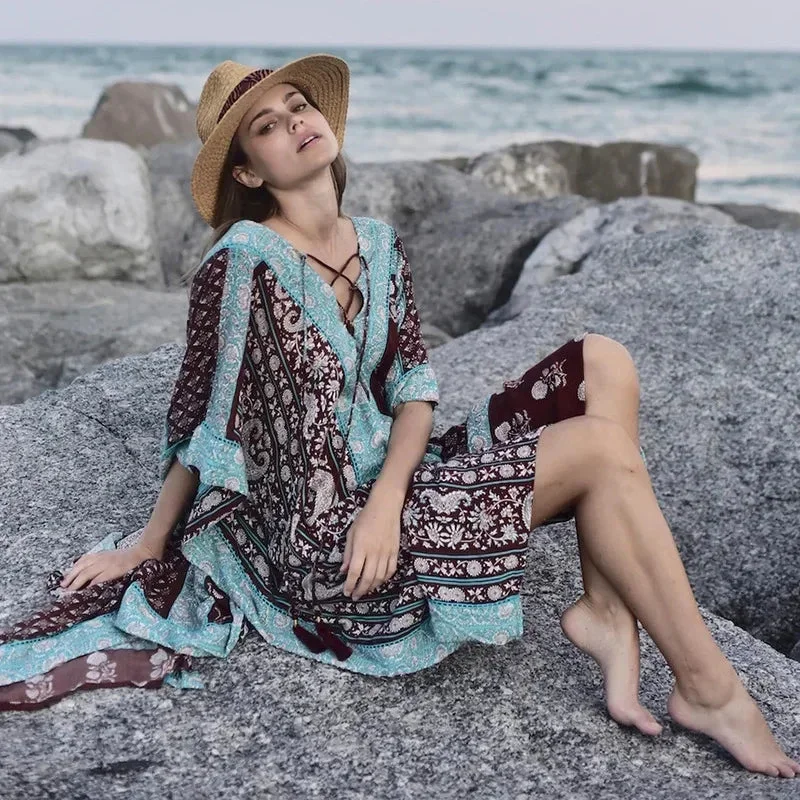 fashionsierra-cotton-floral-print-smock-frock-swim-bikini-cover-up-women-vintage-beach-oversize-summer-long-2024-maxi-robe-boho-dress