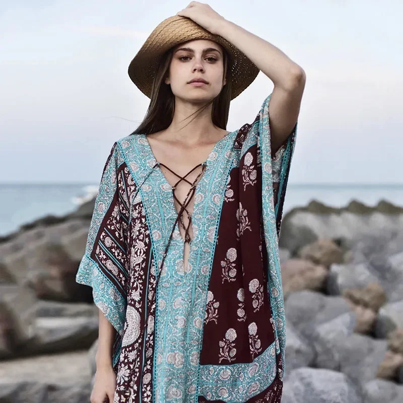 fashionsierra-cotton-floral-print-smock-frock-swim-bikini-cover-up-women-vintage-beach-oversize-summer-long-2024-maxi-robe-boho-dress