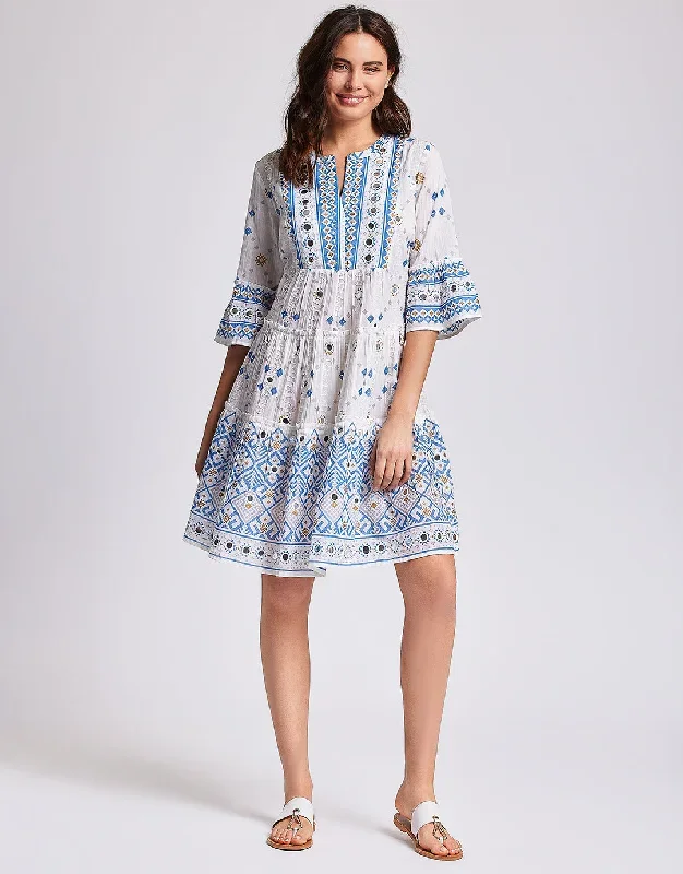 Marina 3/4 Sleeve Dress - White and Blue