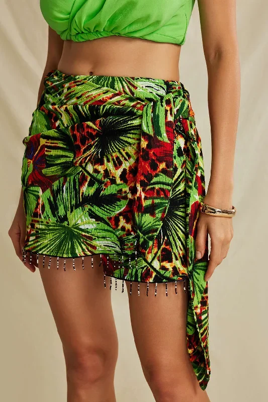 Palm Leaf Print Fringe Knot Mini Skirt