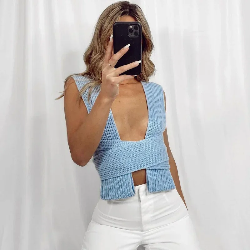 Tie Strap Cropped Knit Tank Top - Blue