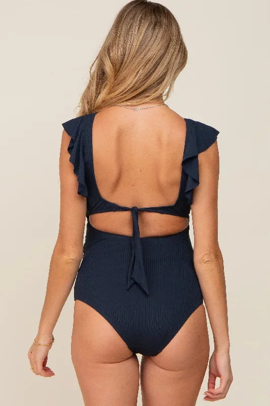 navy-blue-ribbed-cutout-flutter-one-piece-maternity-swimsuit