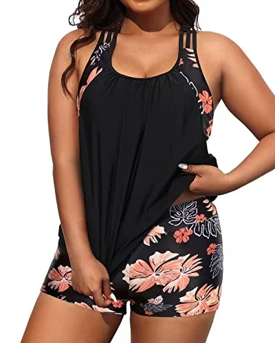 Two Piece Tummy Control Bathing Suit For Women With Big Breasts-Black Floral