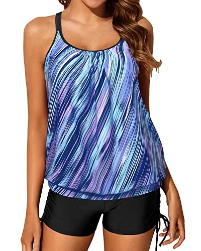 Slimming Criss Cross Back Blouson Tankini Swimsuits Boy Shorts-Blue And Black Stripe