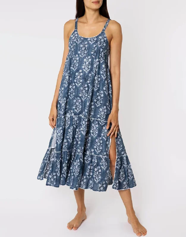 Small Flower Block Print Swing Dress - Midnight