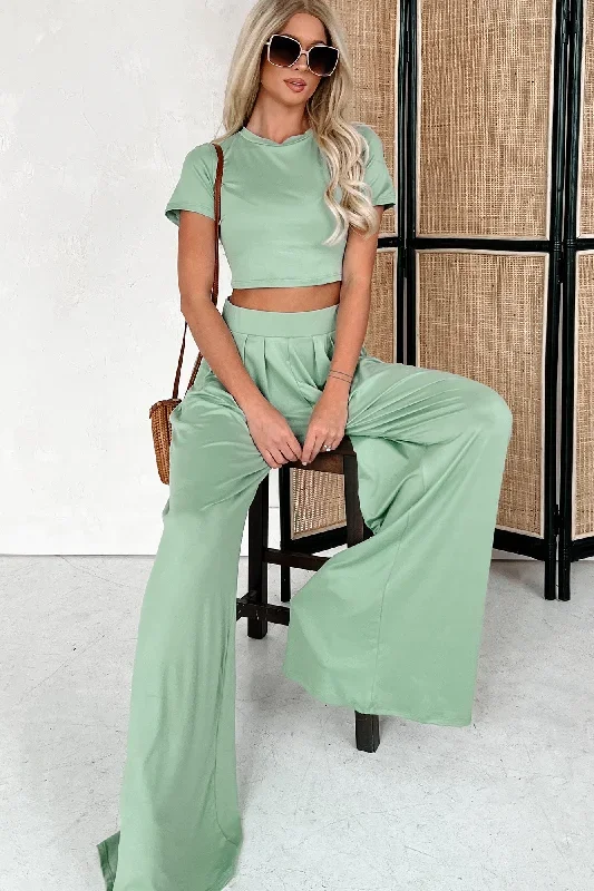 Soul Mates Solid Crop Tee & Palazzo Pant Set (Sage)