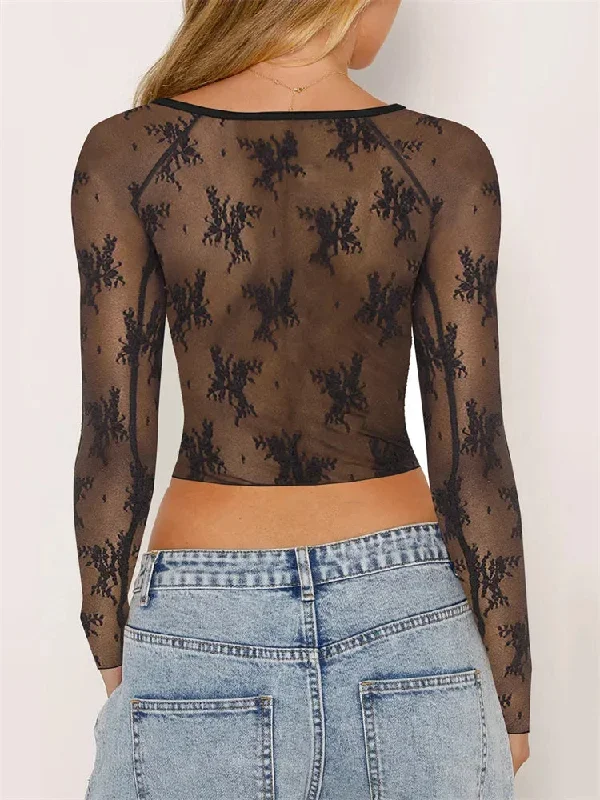 summer-slim-fit-black-long-sleeve-square-neck-mesh-sheer-see-through-lace-floral-tee