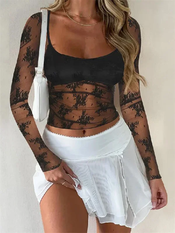 summer-slim-fit-black-long-sleeve-square-neck-mesh-sheer-see-through-lace-floral-tee