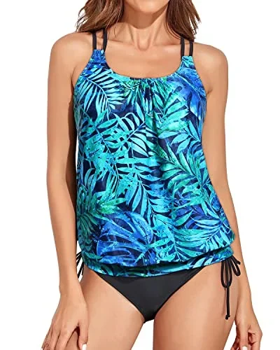 Criss Cross Back Tankini Swimsuits With Padded Bra For Women-Dark Blue Green Leaves