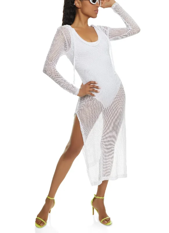 Fishnet Hooded Swim Cover Up Dress