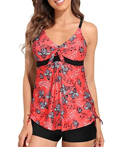 Tie Knot Swimsuit Tankini Top With Shorts Tummy Control Swimwear For Women-Red Floral