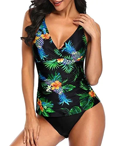 Slimming V Neck Tankini Top Bathing Suits With Swim Bottom-Black Pineapple