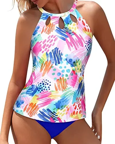 Trendy Swim Top & High Waisted Bottom Tummy Control Tankini Swim Suit-Colorful Watercolor