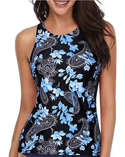 Women's Tummy Control Tankini Top Swimsuit Top-Blue Floral