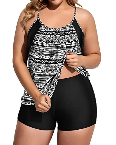 Two Piece Tankini Set With Deep Cut Swim Top And Boyshorts Bottom-Black White Stripe