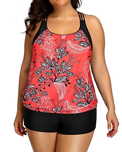 Plus Size Blouson Racerback Tankini Top With Shorts For Women-Red Floral