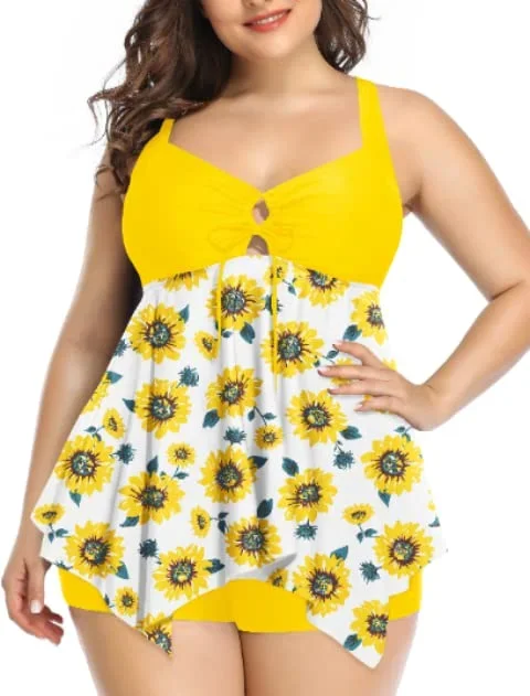 Plus Size Tankini Top With Shorts Swimsuits For Women Tummy Control-Sunflower