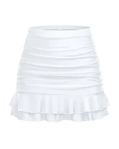 Women's Tummy Control Swim Skirt With High Waisted Ruched Skirt-White