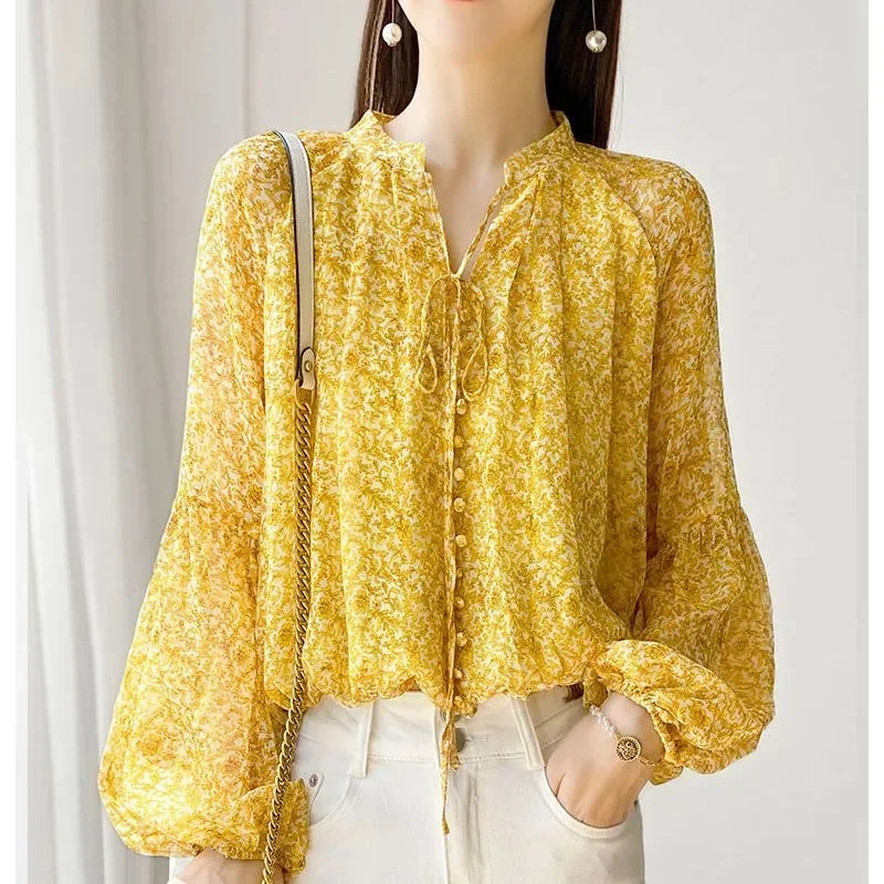 Yellow Fragmented Flower Imitation Silk Lantern Sleeve