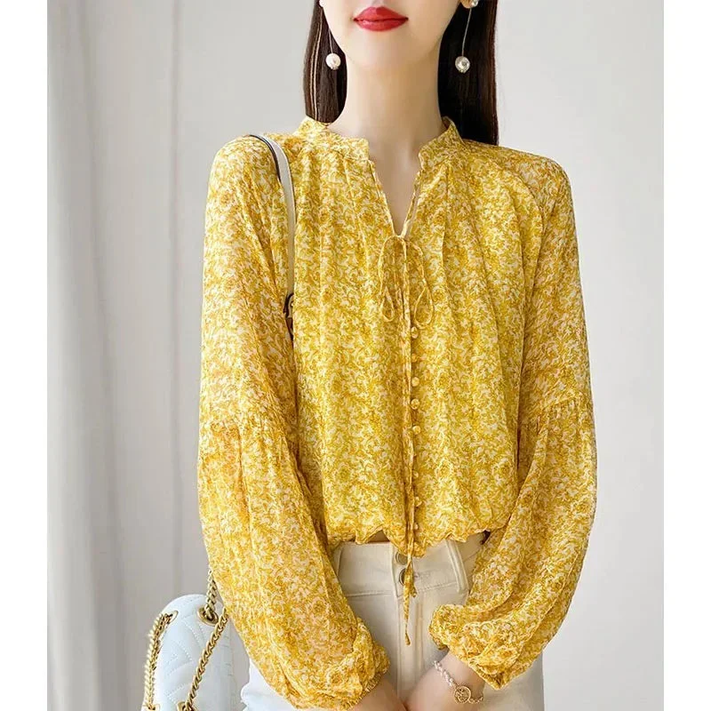 yellow-fragmented-flower-imitation-silk-lantern-sleeve