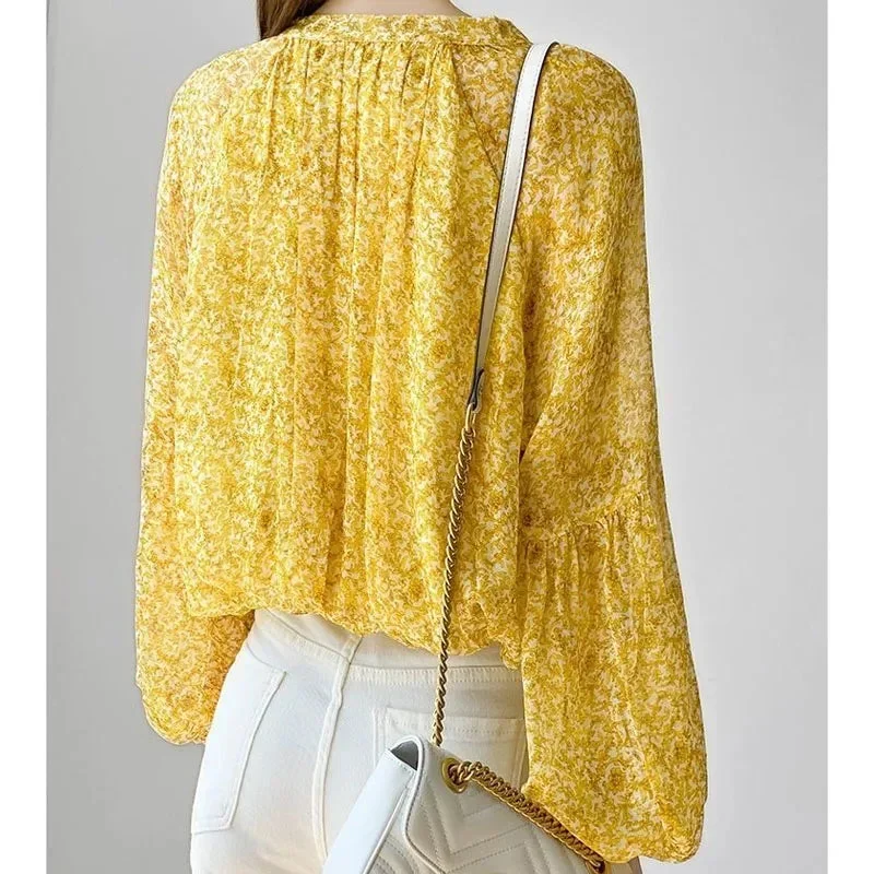 yellow-fragmented-flower-imitation-silk-lantern-sleeve